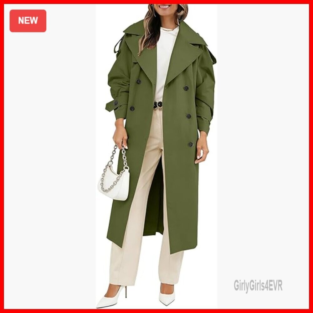 Long Trench Coat Double Breasted Oversized Windproof Overcoat with Belt